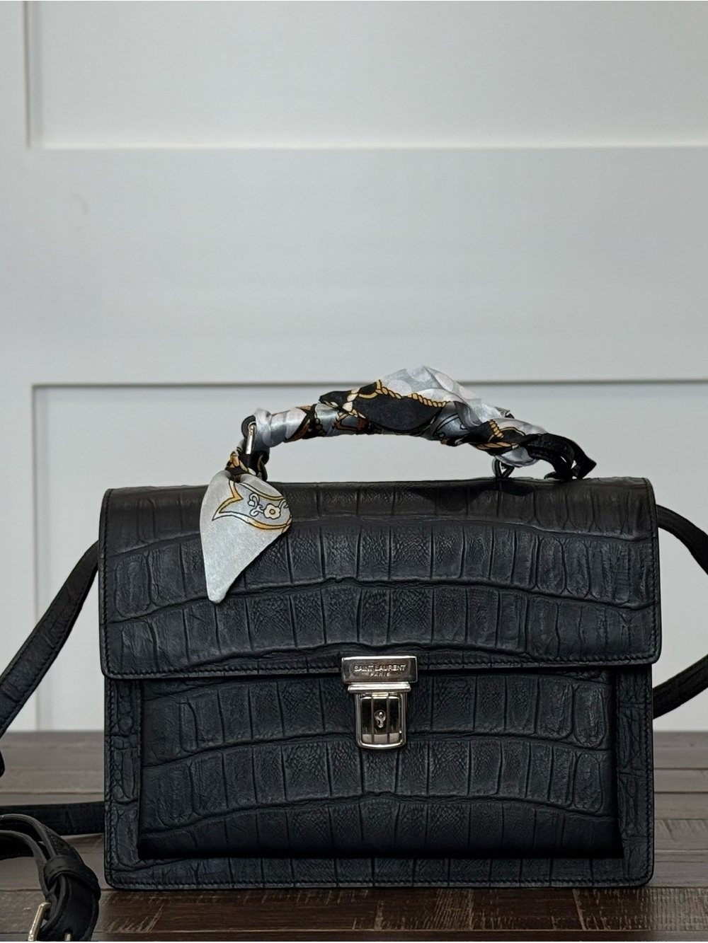 Yves Saint Laurent Black Croc-Embossed Top-Handle Shoulder Bag